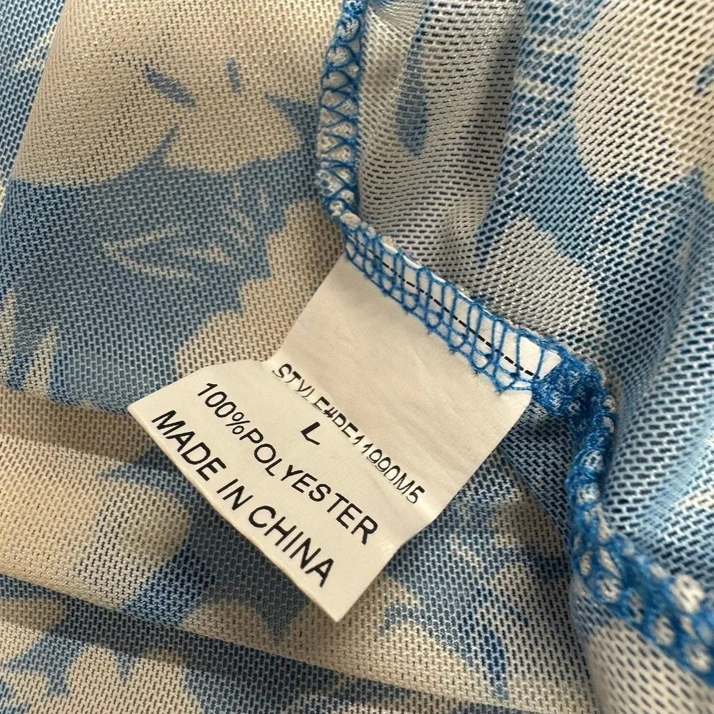 Y2K Mesh Rouched Button Top - Large - Blue and Offwhite Flowers Rave Festival - Picture 8 of 10